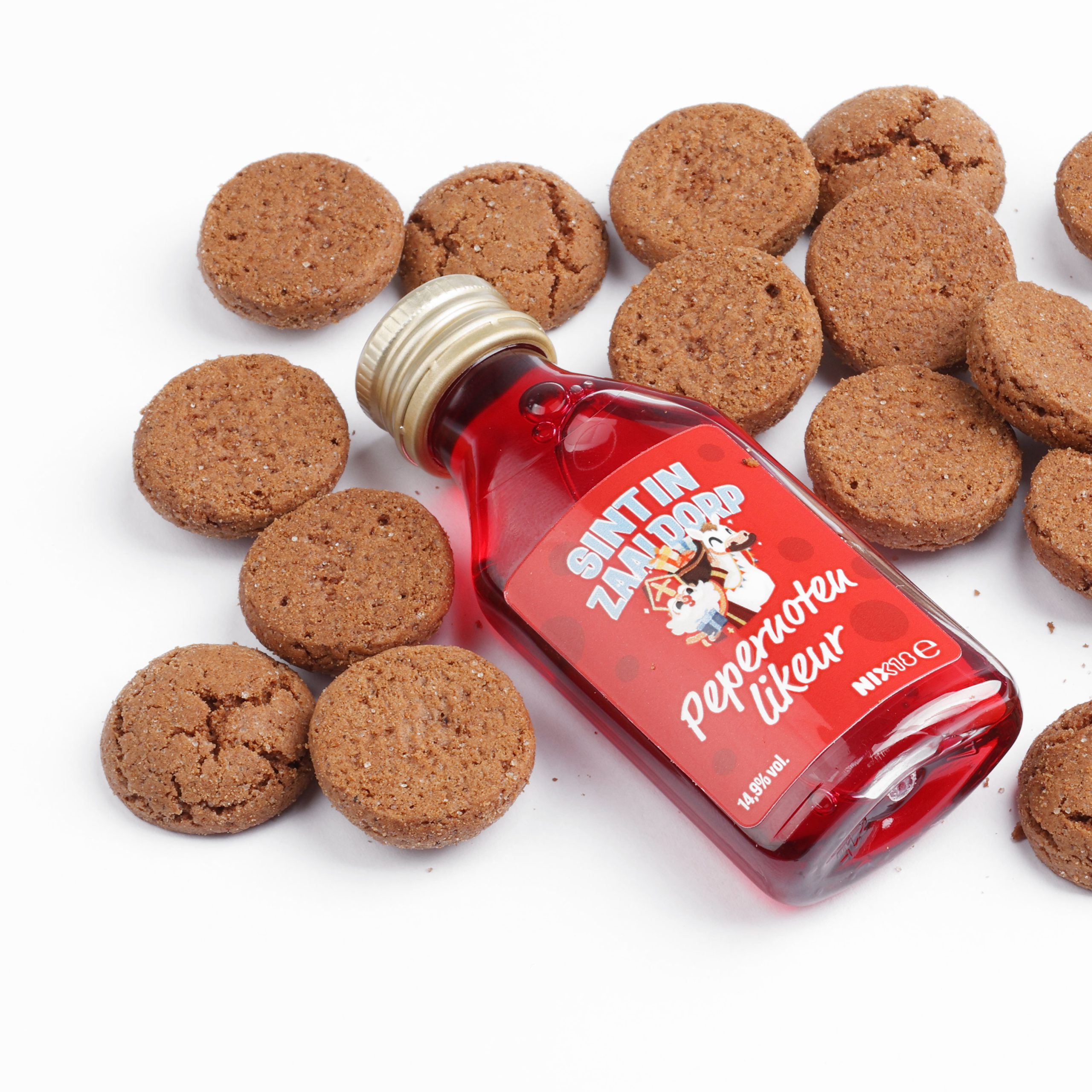 Pepernoten-shotjes-bedrukken,-pepernoten-likeur-met-logo,-peperneutje-bedrukken
