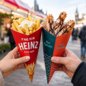 Puntzak-patat-bedrukken,-kartonnen-puntzak-bedrukt-met-logo,-patatbak-bedrukken